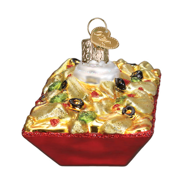 Nachos ornament from above at an angle, chips heaped around a white dollop of topping