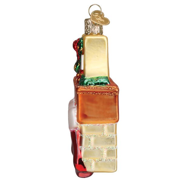 Side view of the family of 3 stockings ornament with stockings hanging from the mantel edge, on white