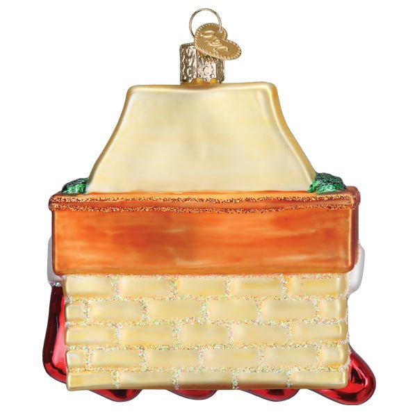 Back of the family of 4 stockings ornament showing the cream brick chimney and orange mantel, on white