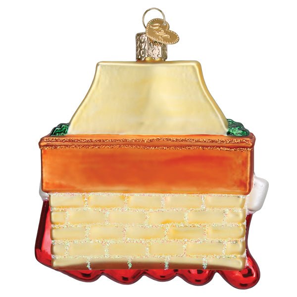 Back of the family of 5 stockings ornament showing the cream brick chimney and orange mantel, on white