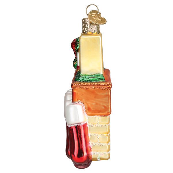 Side view of the family of 5 stockings ornament with stockings hanging from the mantel edge, on white