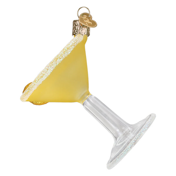 Other side of the lemon drop martini ornament showing the clear stem, on white