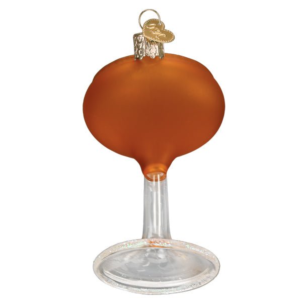 Back of the Manhattan ornament showing the amber glass bowl and clear stem, on white