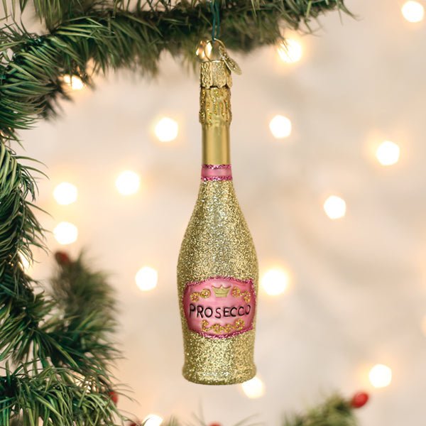 Glittery gold and pink prosecco bottle ornament, front view