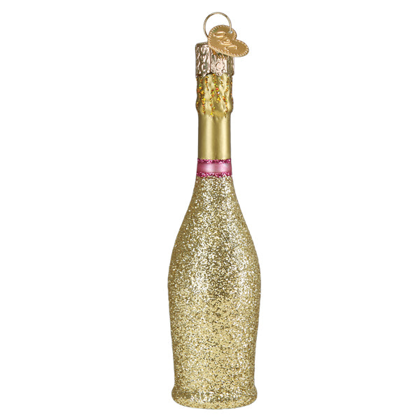 Prosecco bottle ornament, back of the gold and pink bottle