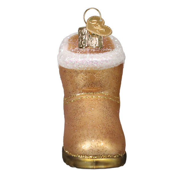 Heel-end view of the sheepskin boot ornament with its white cuff, on white
