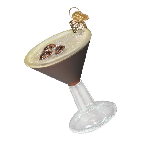 Angled view of the espresso martini ornament showing the dark espresso and foam