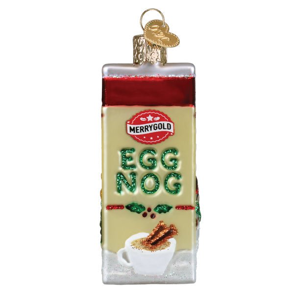 Angled view of the eggnog carton ornament showing the red glittered top band and holly accents