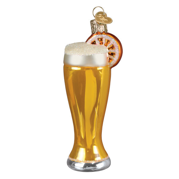Back view of the Blue Moon beer glass ornament, golden glass with the orange slice on the rim