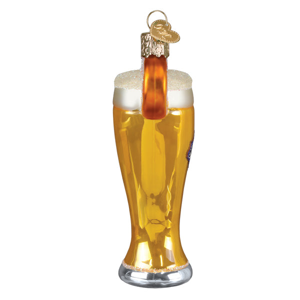 Side view of the Blue Moon beer glass ornament showing the orange wedge and silver base