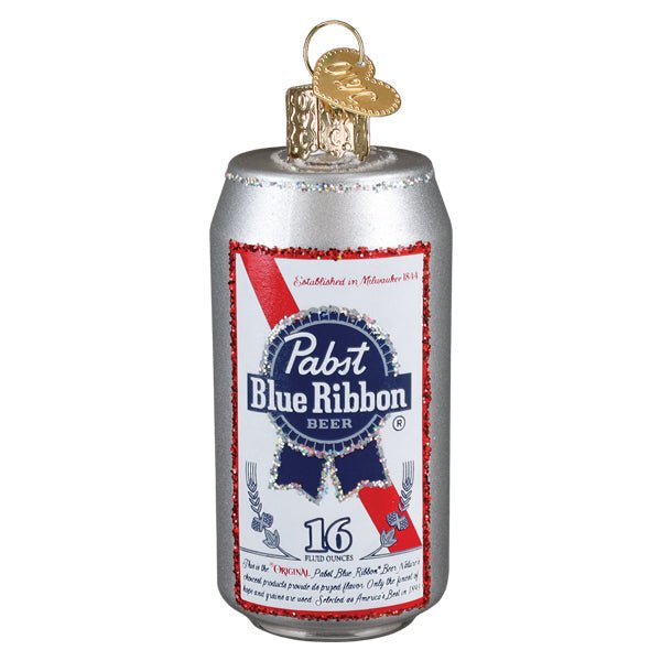 Pabst Blue Ribbon beer can ornament, front view of the silver can with blue ribbon label and red stripe, on white