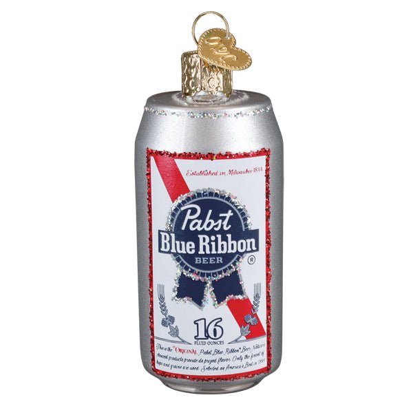 Reverse side of the Pabst Blue Ribbon can ornament showing the matching ribbon label, on white