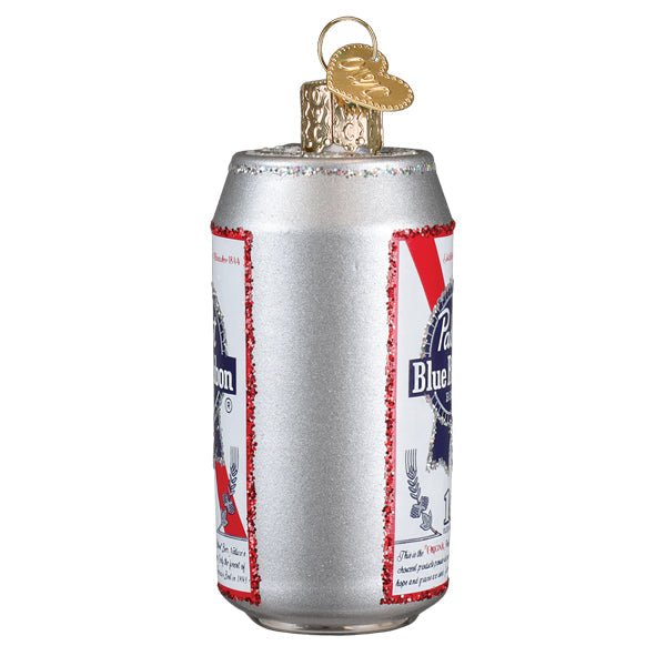 Side view of the silver PBR can ornament with the label edges wrapping around, on white