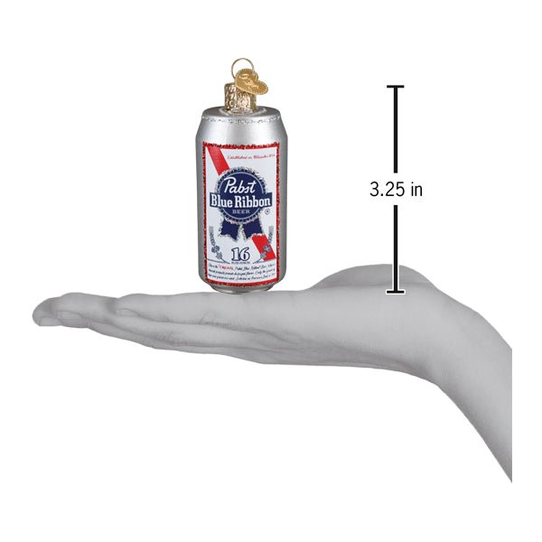 Pabst Blue Ribbon can ornament on an open palm beside a 3.25 inch height marker