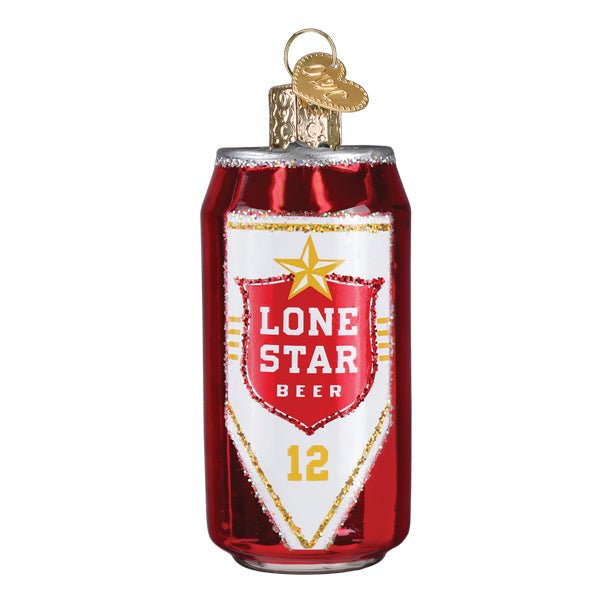 Lone Star Beer can ornament, front view of the red can with white shield label and gold star, on white