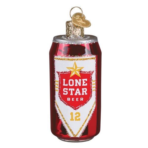 Reverse side of the Lone Star can ornament showing the matching shield and star label, on white
