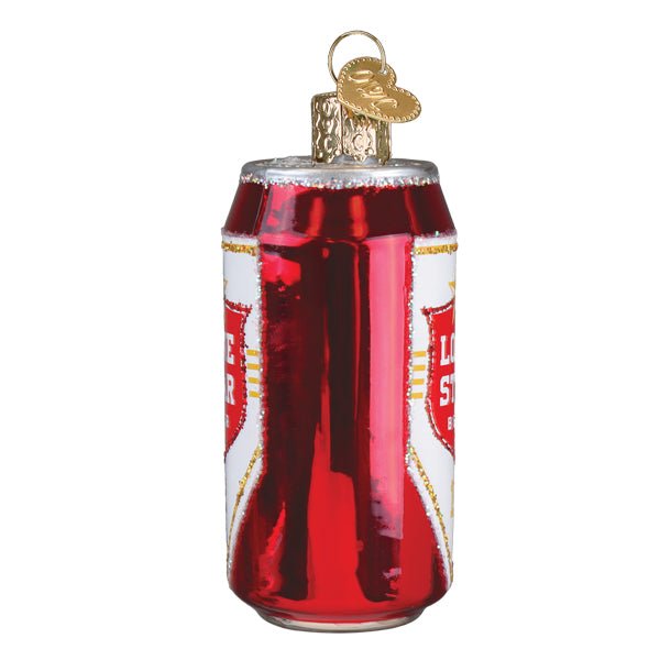 Side view of the glossy red Lone Star can ornament with label edges wrapping around, on white