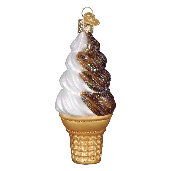 Chocolate and vanilla swirl soft serve cone glass ornament with waffle cone, front view on white