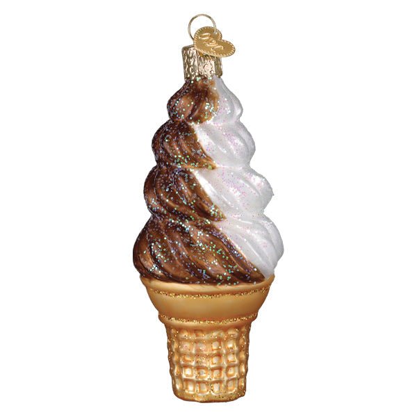 Soft serve ornament turned to show the chocolate side of the twist and the waffle cone