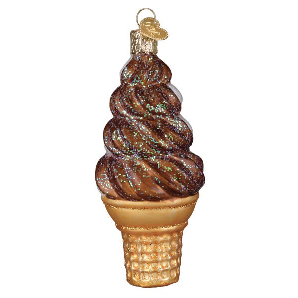 Back of the soft serve ornament, mostly chocolate swirl with glitter on a golden cone