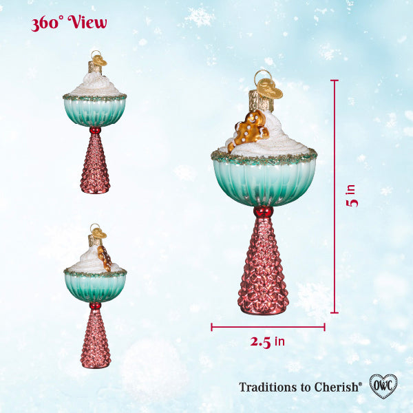 360 view sizing chart for the Gingerbread Glam cocktail ornament showing height and width