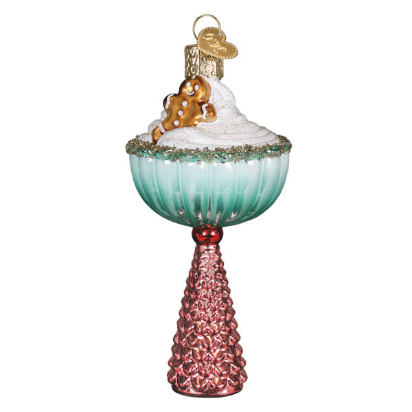 Gingerbread Glam cocktail glass ornament with a sugared rim, front view on a white background