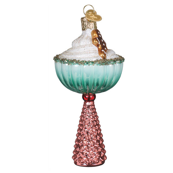 Side view of the Gingerbread Glam cocktail ornament on a white background