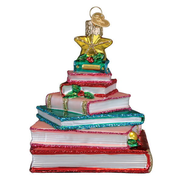 Back of the book club tree ornament showing the stacked page edges