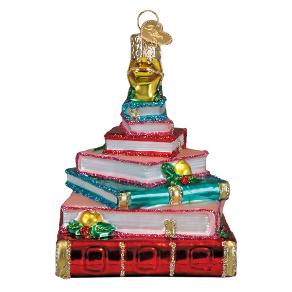 Side of the book club tree ornament with book spines and holly sprigs