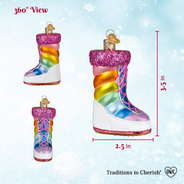 Snow boot ornament 360 view sizing chart marked 3.5 inches tall and 2.5 inches wide