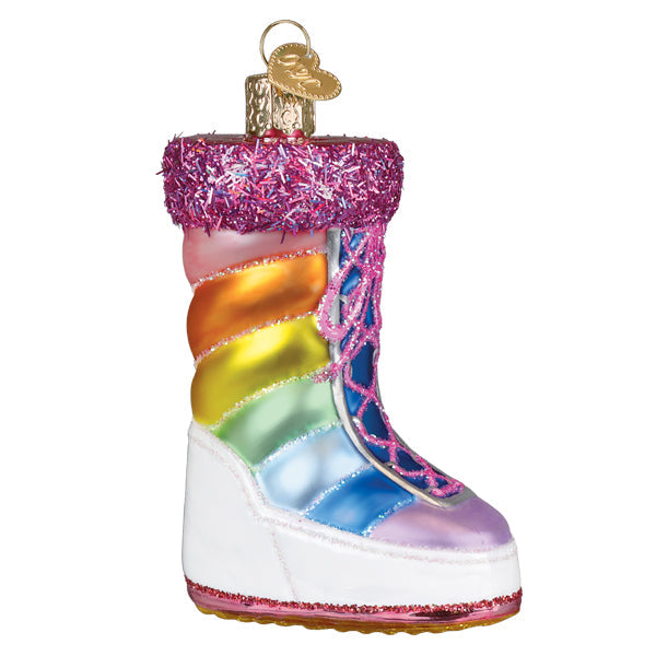 Side of the rainbow puffer snow boot ornament with a pink tinsel cuff and white sole, on white