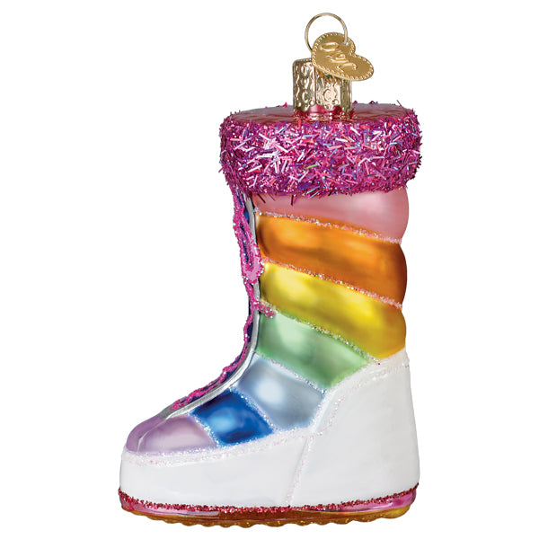 Other side of the rainbow snow boot ornament showing the blue toe, on white