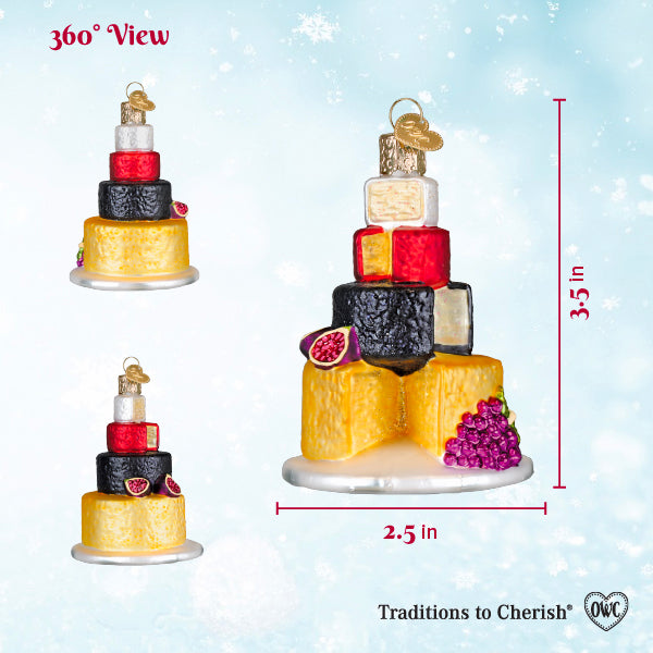 Cheese tower ornament sizing graphic with 360 degree views, 3.5 inches tall and 2.5 inches wide