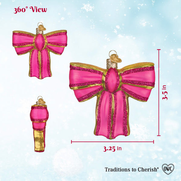 360 degree view chart of the pink bow ornament with 3.5 inch height and 3.25 inch width markers