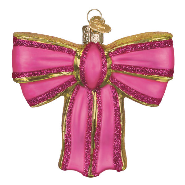 Hot pink bow ornament with gold edges and magenta glitter trim on a plain white background, front view
