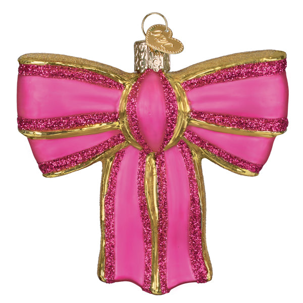 Back view of the pink bow ornament showing its smooth loops and gold-edged tails
