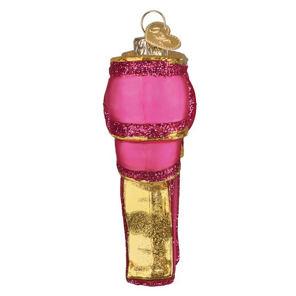 Side view of the pink bow ornament showing its slim profile and gold glitter tail