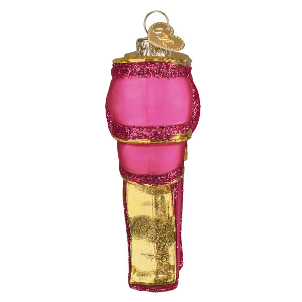 Side view of the pink bow ornament showing its slim profile and gold glitter tail
