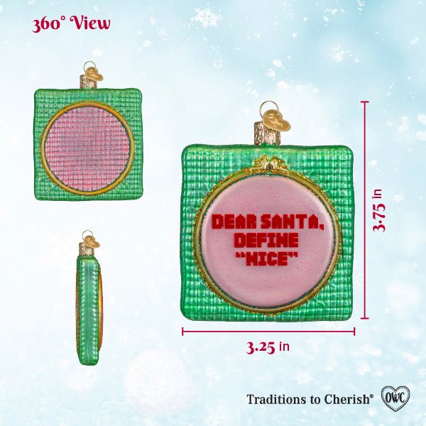360 degree sizing chart for the Dear Santa ornament: front, back, and side, 3.75 inches tall and 3.25 inches wide
