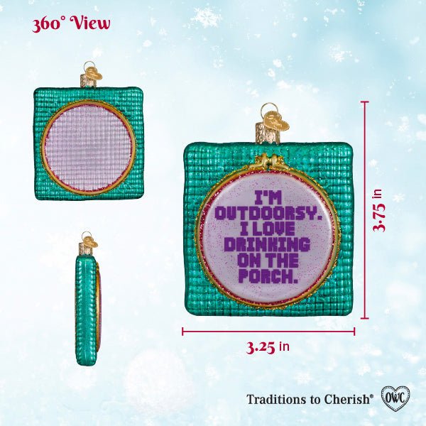 360 view sizing chart for the I'm Outdoorsy ornament showing front, back, and side with height and width