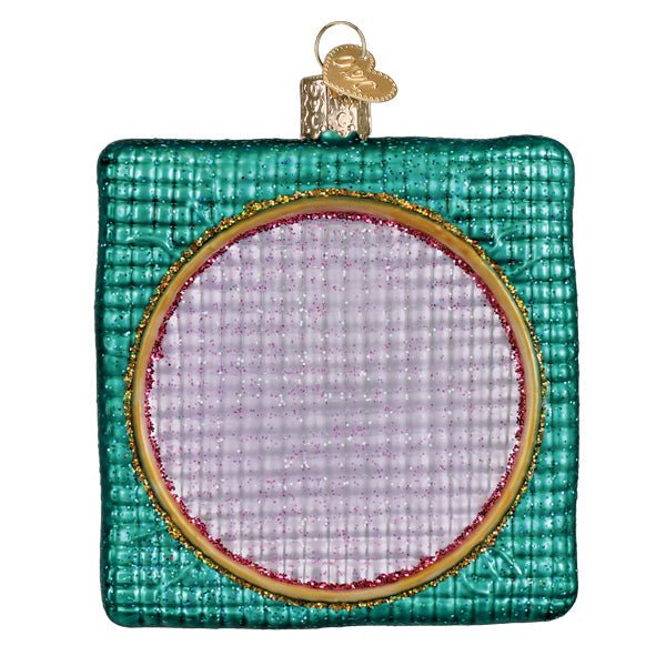 Back of the hoop ornament showing plain lavender stitching inside a gold ring, on white