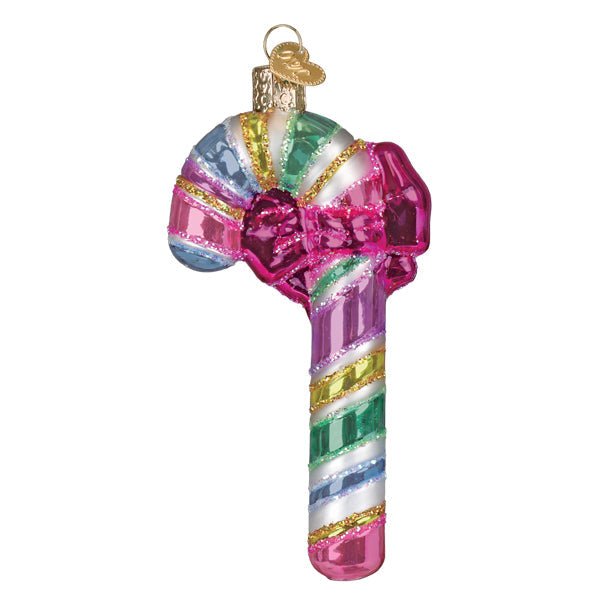 Back view of the pastel candy cane ornament showing the striped crook and bow loops