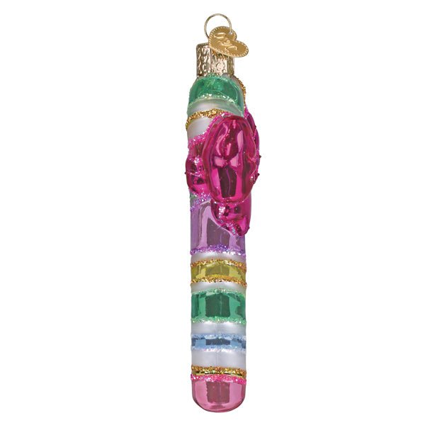 Side profile of the pastel candy cane ornament, slim striped stem with fuchsia bow