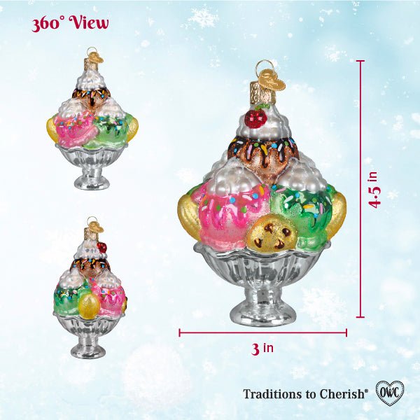 360 view chart of the ice cream sundae ornament from three angles, marked 4.5 inches tall and 3 inches wide