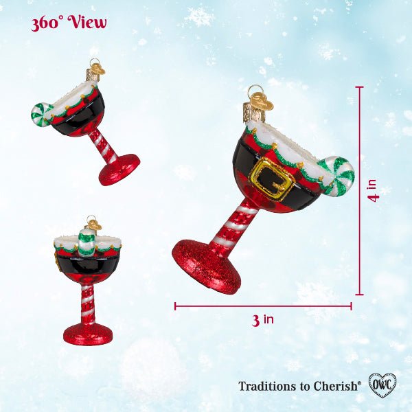 360 view sizing chart for the Santa cocktail ornament showing three angles with height and width