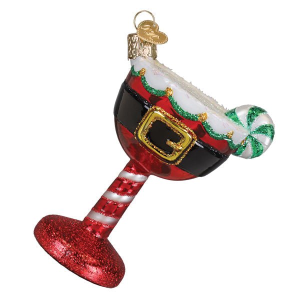 Santa cocktail ornament with a gold belt buckle, candy cane stem, and peppermint garnish, on white