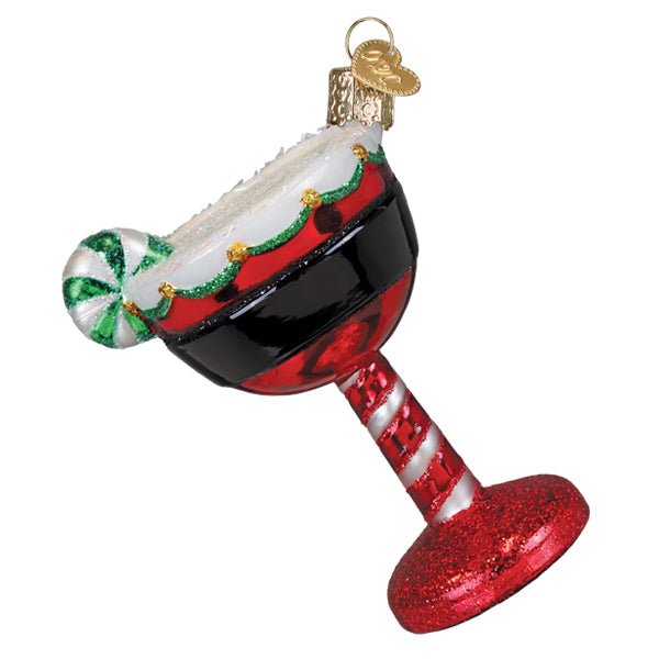 Opposite side of the Santa cocktail ornament with the peppermint on the left, on white