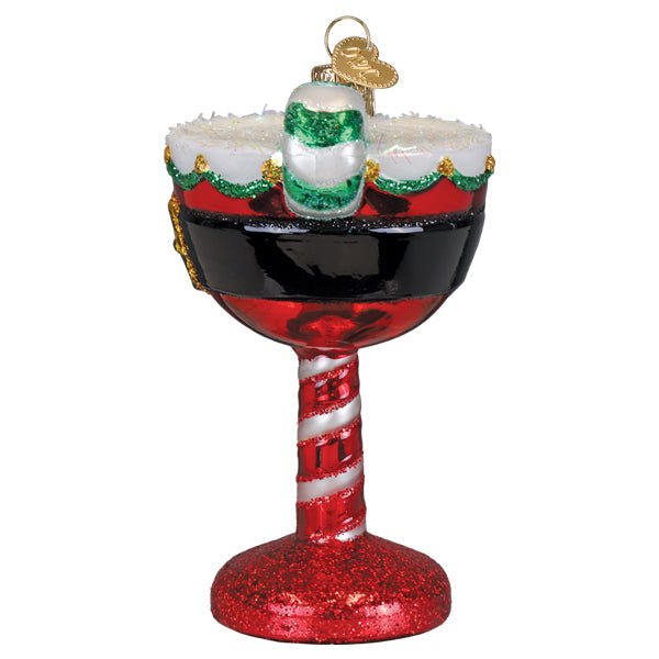 Rim view of the Santa cocktail ornament showing the snowy white top and striped stem, on white