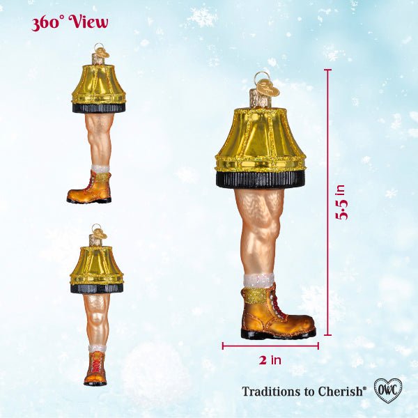 360 view sizing chart for the man leg lamp ornament showing three angles with height and width