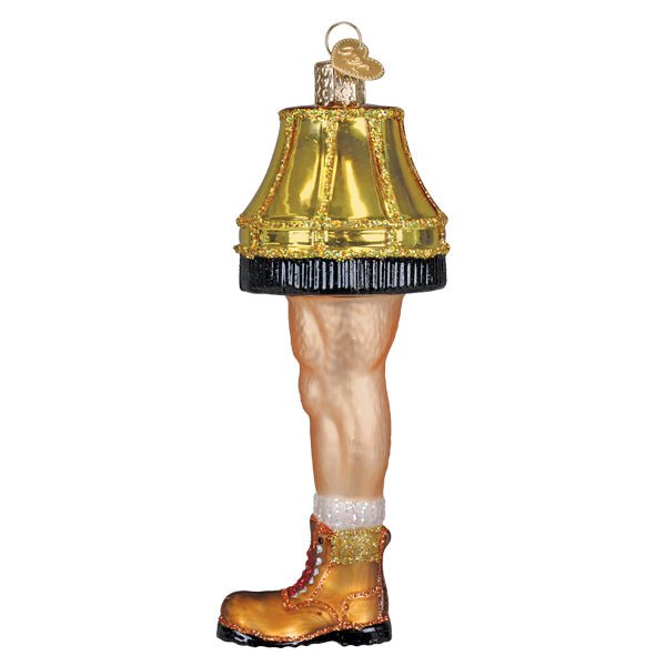 Side view of the man leg lamp ornament showing the boot toe and calf, on white